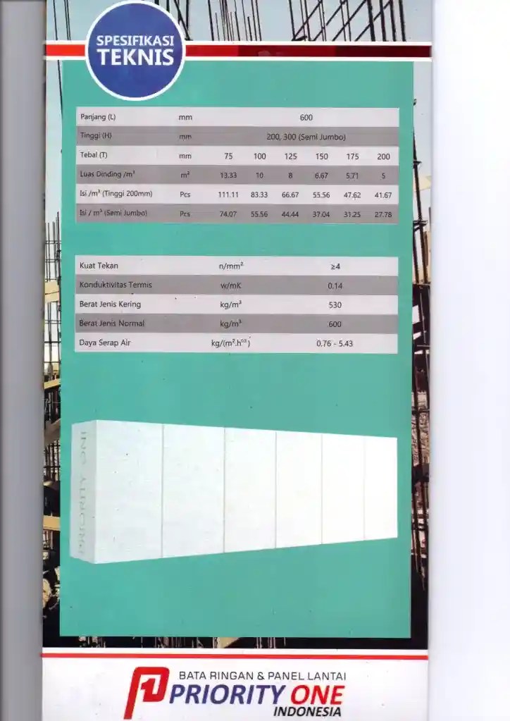 spesifikasi ukuran bata ringan priority one